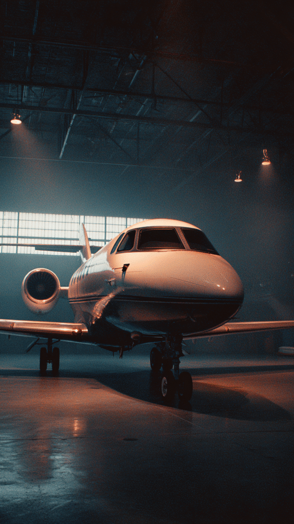 a wide cinematic view of a private jet inside a dimly lit han 4534040f e311 4956 add9 7ff8b6bbe0df 3