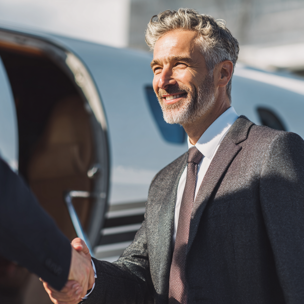 businessman shaking hands in front of a private jet his face b53479d5 a978 4f2f b2e6 8034d856c187 0