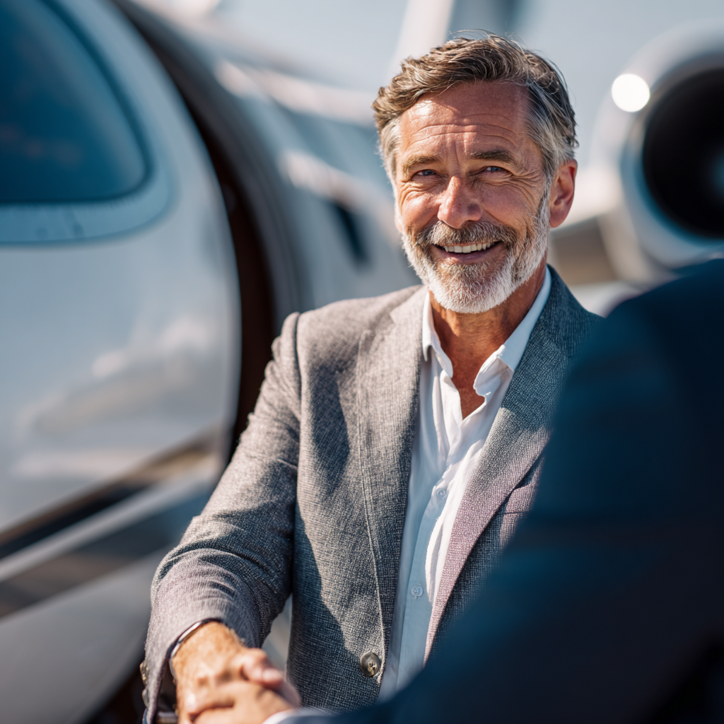 businessman shaking hands in front of a private jet his face b53479d5 a978 4f2f b2e6 8034d856c187 1