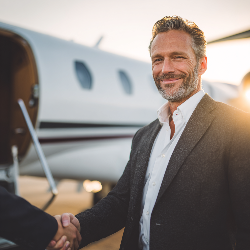 businessman shaking hands in front of a private jet his face b53479d5 a978 4f2f b2e6 8034d856c187 3