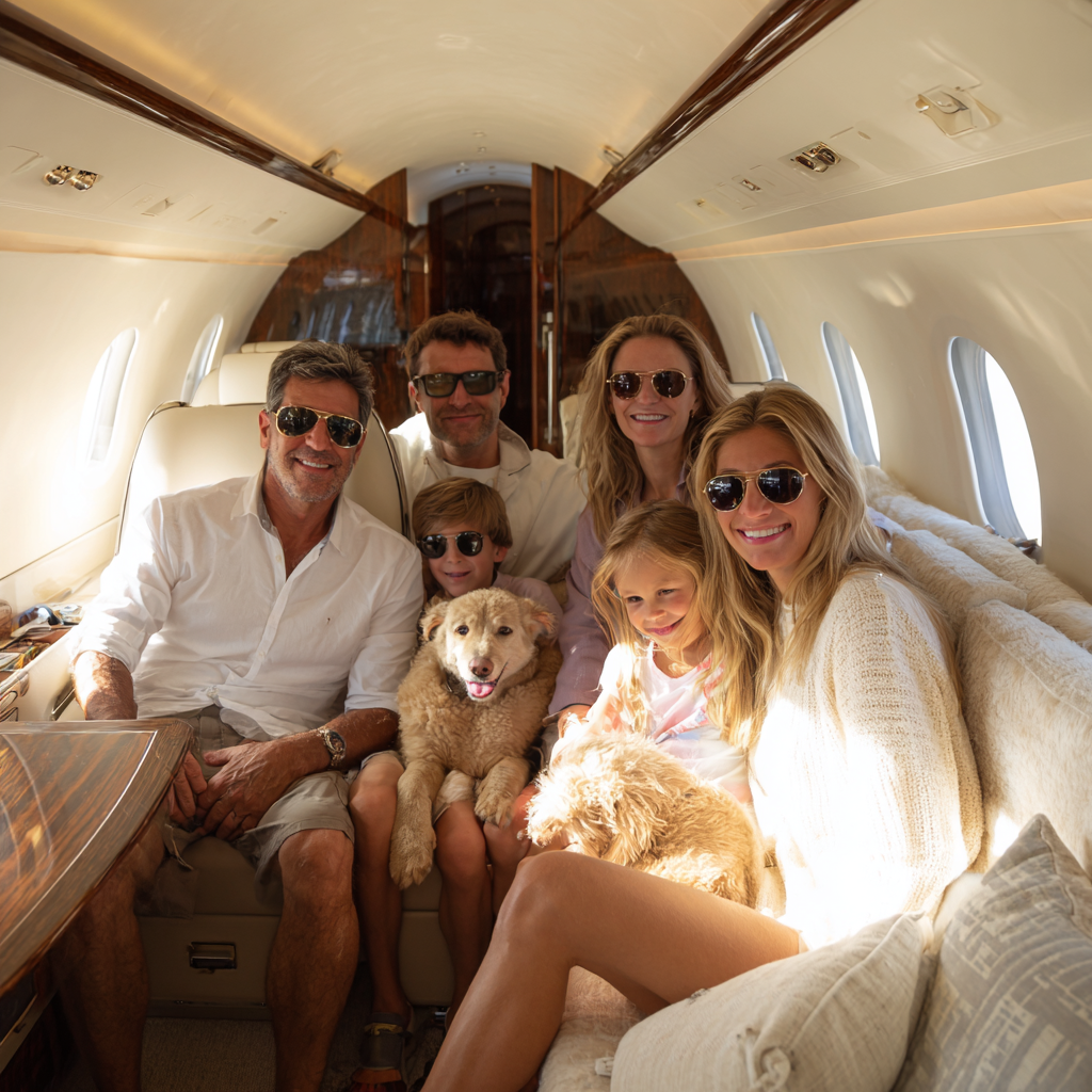 create a family inside private jet laughing and happy make in e90c8e3d 406e 4b18 a7d1 fe56addd647c 1