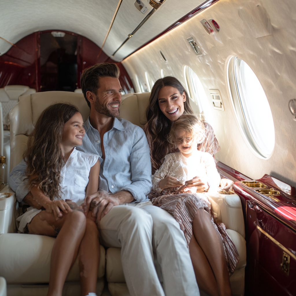 create a family inside private jet laughing and happy make in e90c8e3d 406e 4b18 a7d1 fe56addd647c 2