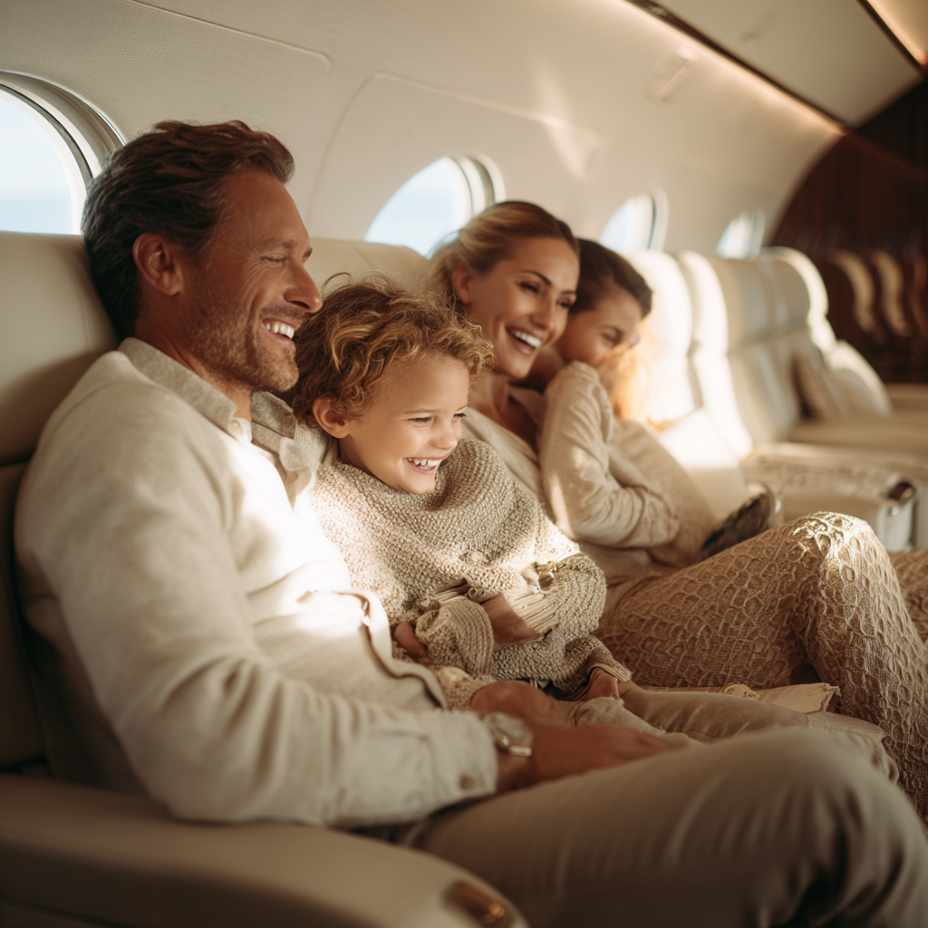 create a family inside private jet laughing and happy make in e90c8e3d 406e 4b18 a7d1 fe56addd647c 3