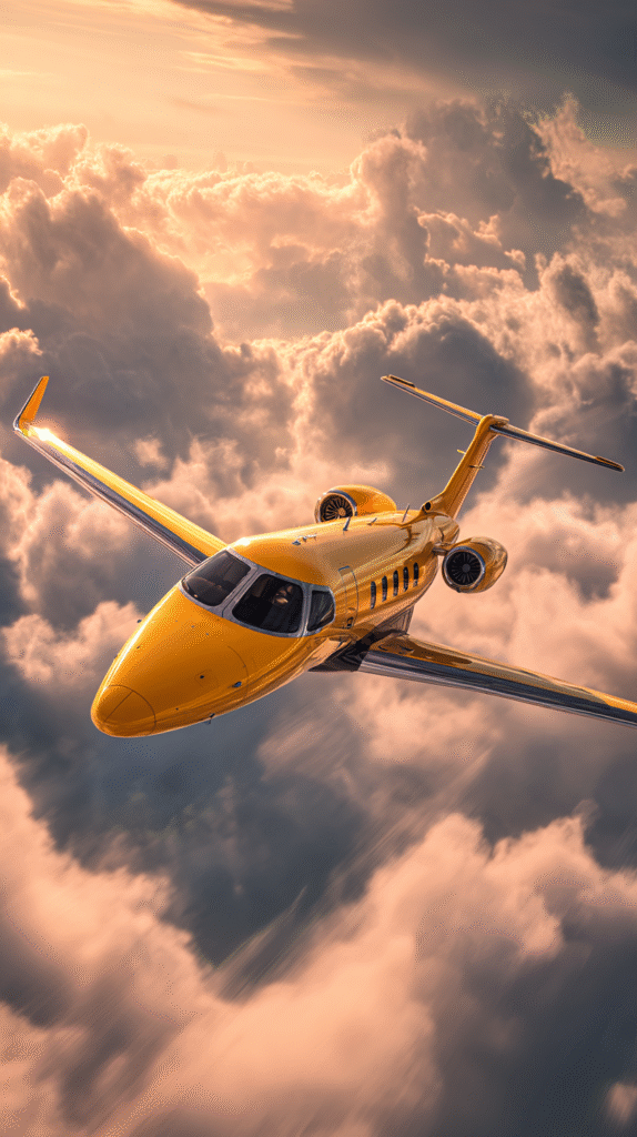 golden yellow private jet flying fast through clouds on a bri 17dbfd80 e691 4e29 9c78 4a55bb2c5cf8 0