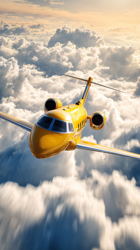golden yellow private jet flying fast through clouds on a bri 17dbfd80 e691 4e29 9c78 4a55bb2c5cf8 1