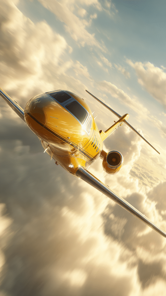 golden yellow private jet flying fast through clouds on a bri 17dbfd80 e691 4e29 9c78 4a55bb2c5cf8 2