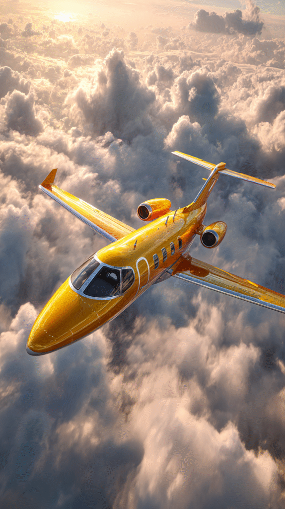 golden yellow private jet flying fast through clouds on a bri 17dbfd80 e691 4e29 9c78 4a55bb2c5cf8 3