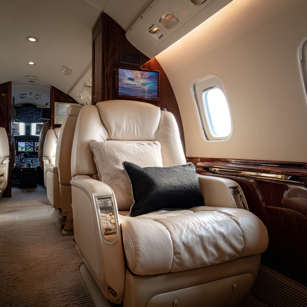 the interior of the private jet is decorated in beige and whi f4c840de 2bbd 4477 8a52 fd4ba3a32b0e 0
