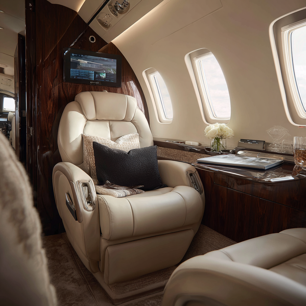 the interior of the private jet is decorated in beige and whi f4c840de 2bbd 4477 8a52 fd4ba3a32b0e 1