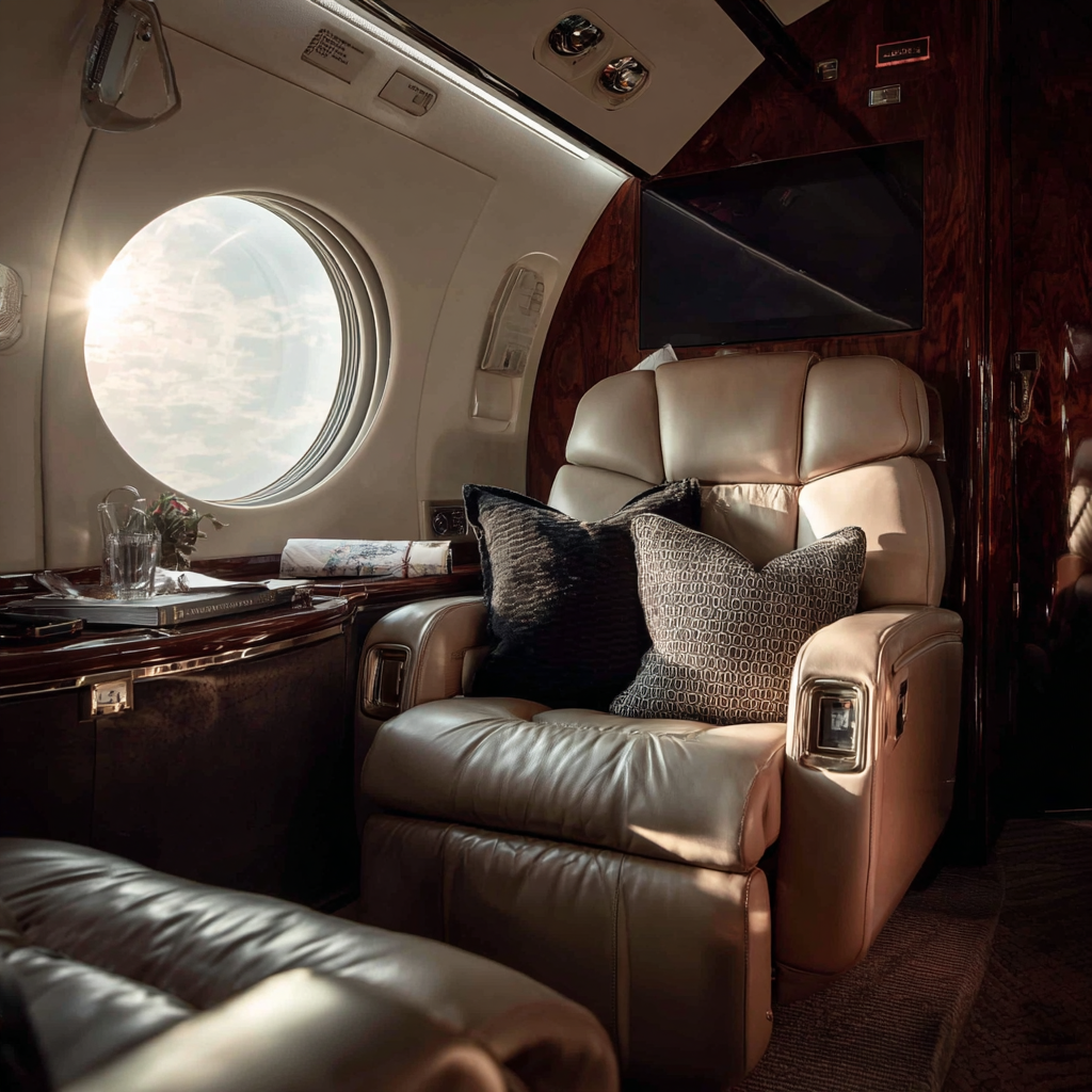 the interior of the private jet is decorated in beige and whi f4c840de 2bbd 4477 8a52 fd4ba3a32b0e 2
