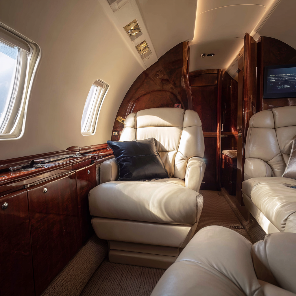 the interior of the private jet is decorated in beige and whi f4c840de 2bbd 4477 8a52 fd4ba3a32b0e 3