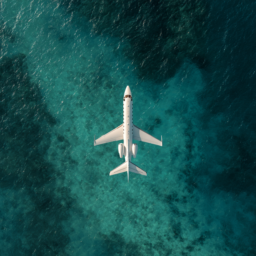 top down cinematic aerial shot of a sleek white private jet f 30447449 44f0 4e4e 8029 658d4c220718 0