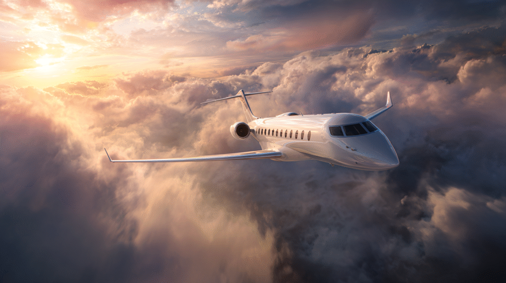 ultra realistic white private jet flying dynamically through 4d1e63e7 b45f 4592 aef2 f3e6a2404659 0